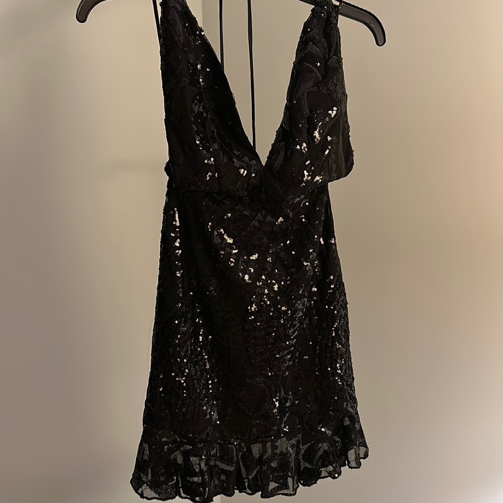 By the way. brand. Black sequins, backless dress with frill hem and mesh overlay
